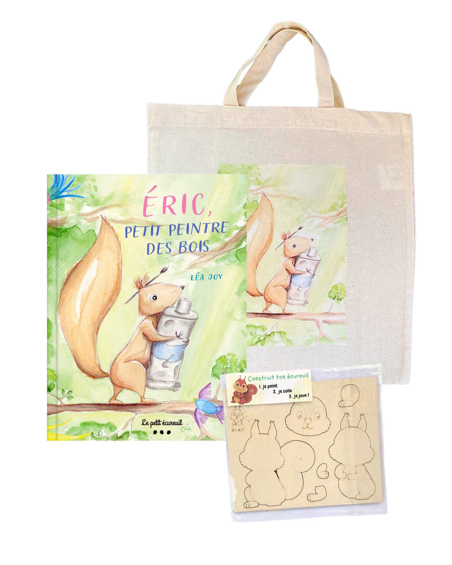 Lot Livre + 1 carte écureuil en bois + 1 tote bag