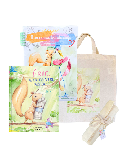 Lot Livre + cahier de coloriage + trousse crayons de couleurs + tote bag