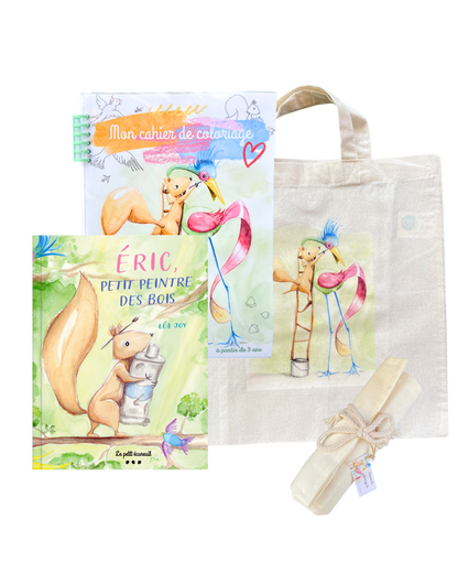 Lot Livre + cahier de coloriage + trousse crayons de couleurs + tote bag
